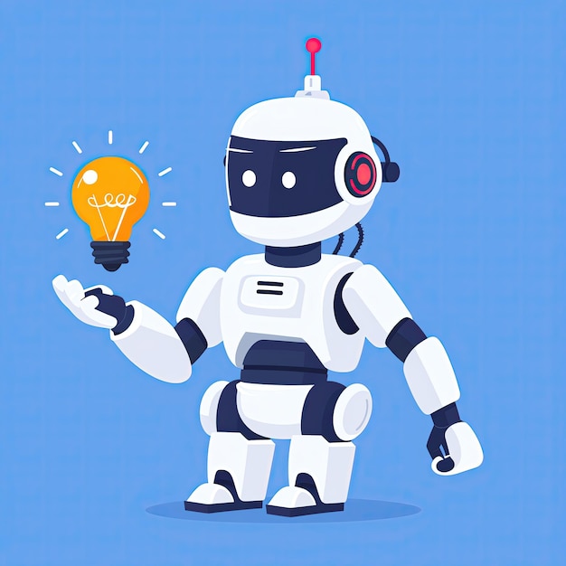 AI for business insights robot with lightbulb ideas flat design illustration