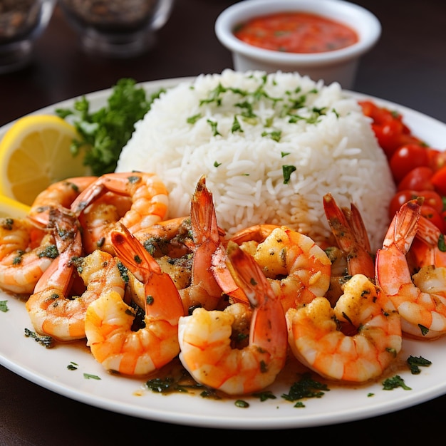 AI Cajun Prawns Shrimps Dish With a Side of Rice