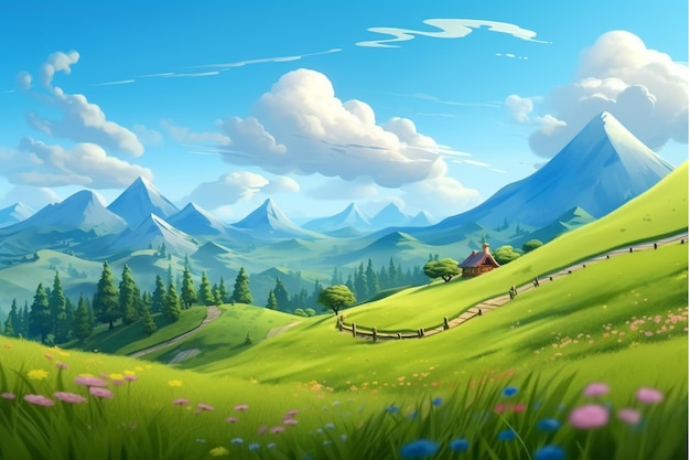 AI Cartoon Mountain Forest Landscape Scenery