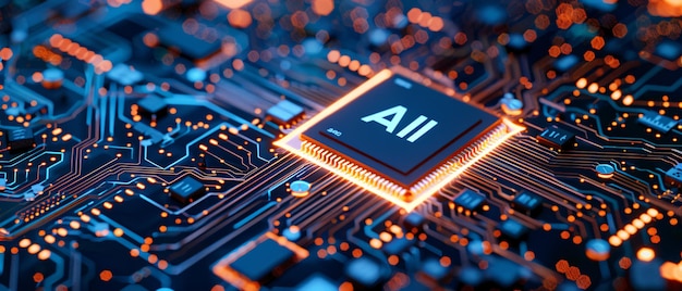 AI Chip on a Circuit Board with Glowing Lights