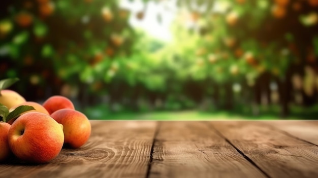 AI crafted image of wooden table with blurred apple garden backdrop