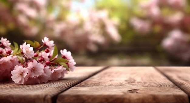 AI created image of wooden table with blurred blossoming cherry garden