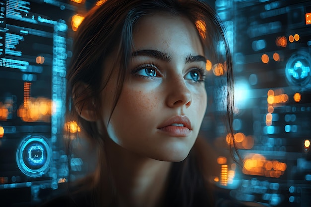 Photo ai cyber security concept female it computer specialist analyzing artificial intelligence cyber