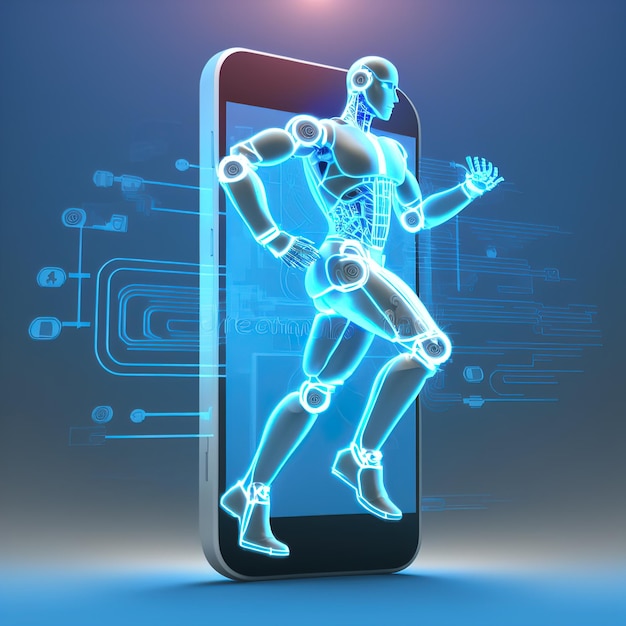 AI cyborg robot running on smartphone 3d rendering. raster illustration