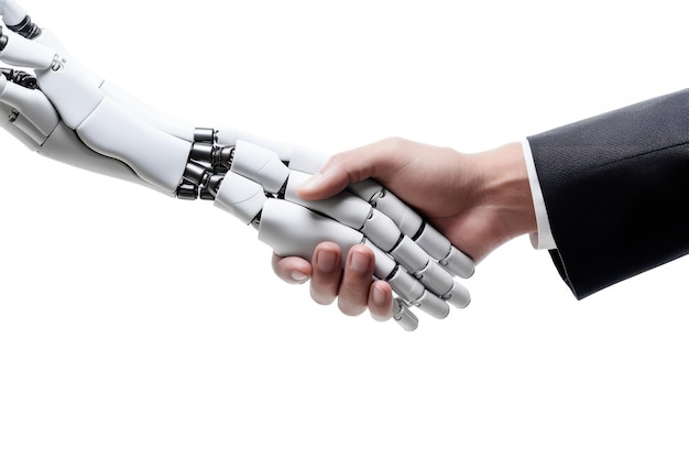 AI Cyborg Robot shaking hands with businessman isolated on white background