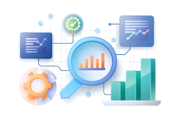 AI data analysis and quality improvement concept illustrated with photo realistic icons for isolated