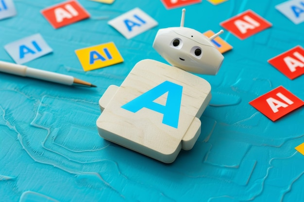 AI educational robot toy on a blue background symbolizing artificial intelligence learning and c