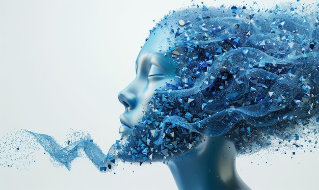 AI female head made of blue particles and water against a white background