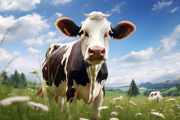 Ai genarative cow on green grass with blue sky