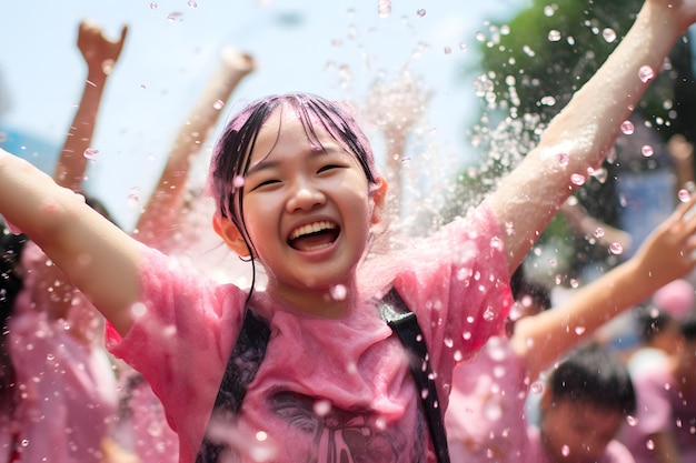 Ai genarative laughing young japanese woman splashed with water on a hot summer day