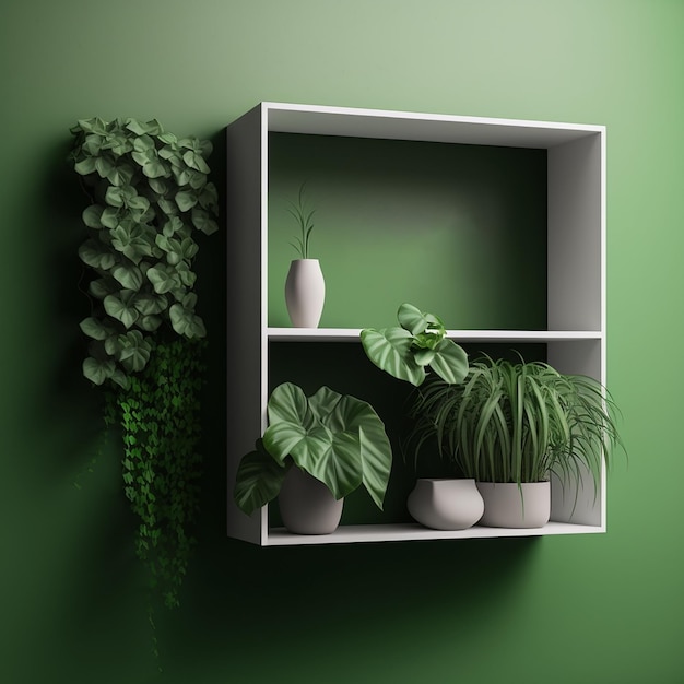 Ai generate mockup photo frame on the green shelf with beautiful plants,3d rendering