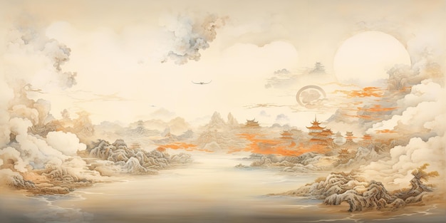 AI Generated AI Generative Ancient chinese temple mountain fog mist landscape Vacation