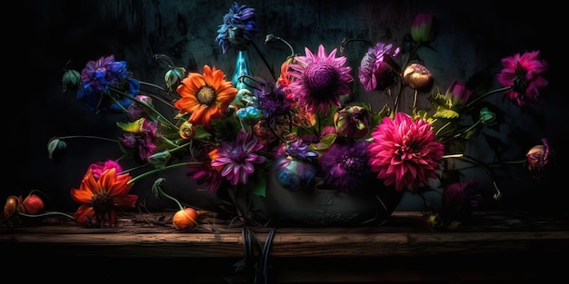 AI Generated AI Generative Beatiful painted oil drawing flowers Aesthetics style inspired by dark mood Tim Burton vibe Graphic Art