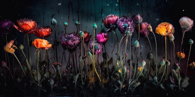 AI Generated AI Generative Beatiful painted oil drawing flowers Aesthetics style inspired by dark mood Tim Burton vibe Graphic Art