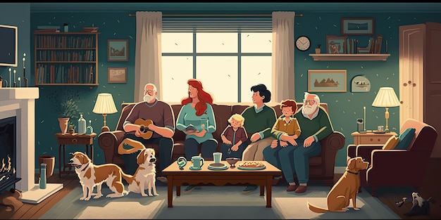 AI Generated AI Generative Cartoon style cozy home big family illustration Happy vibe holiday