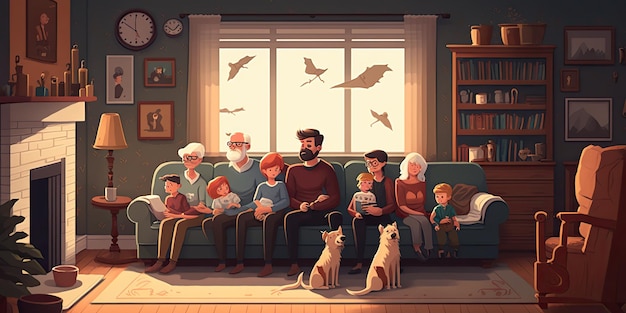 AI Generated AI Generative Cartoon style cozy home big family illustration Happy vibe holiday