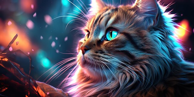 Photo ai generated ai generative cat sitting close to neon glowing light portrait pet animal face