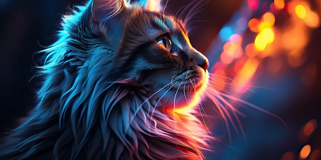 AI Generated AI Generative Cat sitting close to neon glowing light Portrait pet animal face