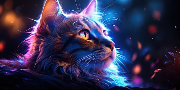 AI Generated AI Generative Cat sitting close to neon glowing light Portrait pet animal face