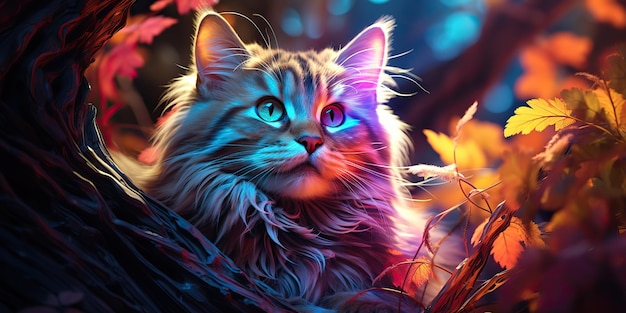 Photo ai generated ai generative cat sitting close to neon glowing light portrait pet animal face