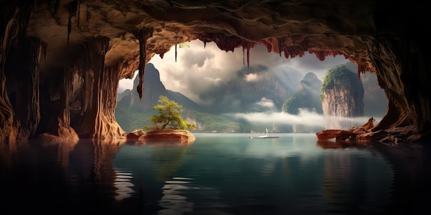 AI Generated AI Generative Cave view to the lake sea landscape Adventure travel outdoor