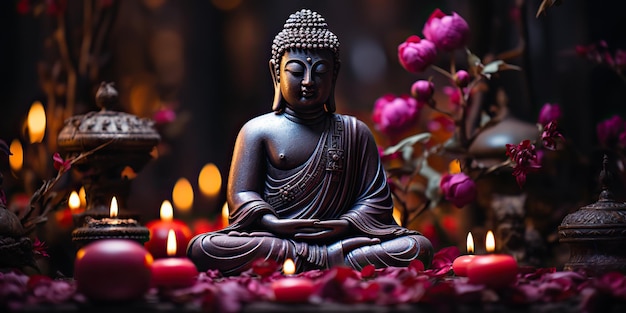 AI Generated AI Generative Culture history asian indian religion buddha statue figure with nature pink plants background Calm relax love peace inner vibe Graphic Art