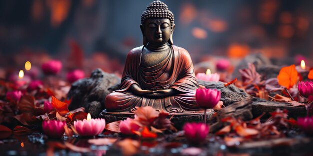 AI Generated AI Generative Culture history asian indian religion buddha statue figure with nature pink plants background Calm relax love peace inner vibe Graphic Art