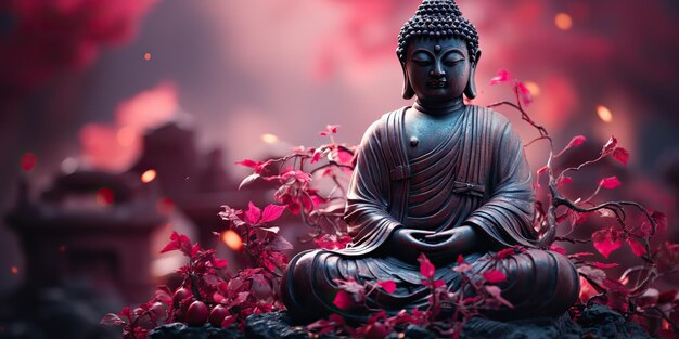 AI Generated AI Generative Culture history asian indian religion buddha statue figure with nature pink plants background Calm relax love peace inner vibe Graphic Art