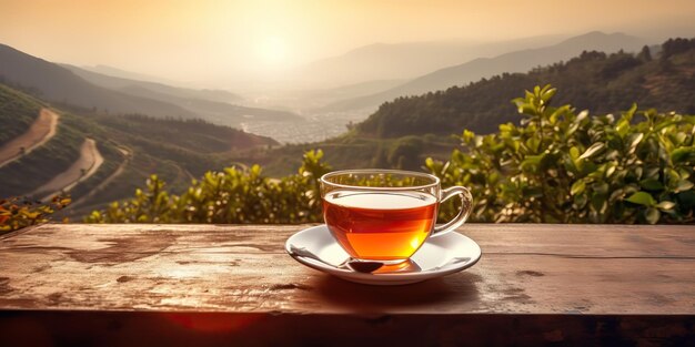 AI Generated AI Generative Cup of green tea with field green plantation mountain background