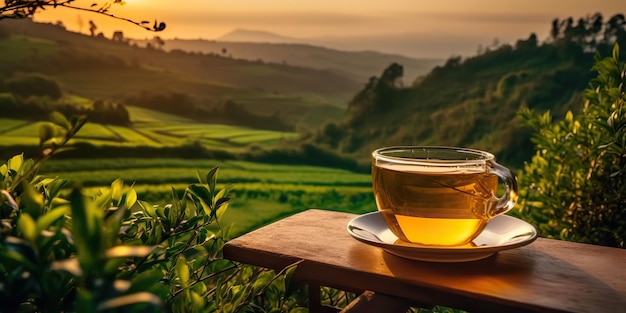 AI Generated AI Generative Cup of green tea with field green plantation mountain background