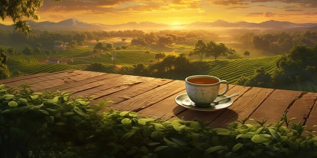 AI Generated AI Generative Cup of green tea with field green plantation mountain background