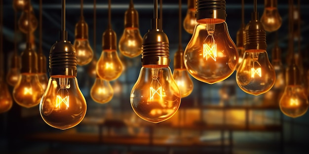 AI Generated AI Generative Hanging light bulbs on dark background Cozy decoration indoor