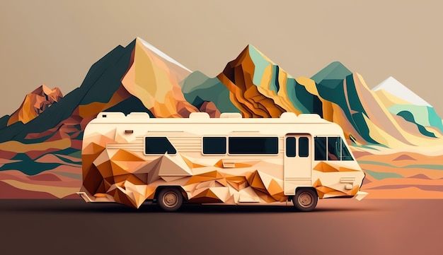 AI Generated AI Generative Low Poly cartoon kid style camper rv van with mountains