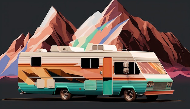 AI Generated AI Generative Low Poly cartoon kid style camper rv van with mountains