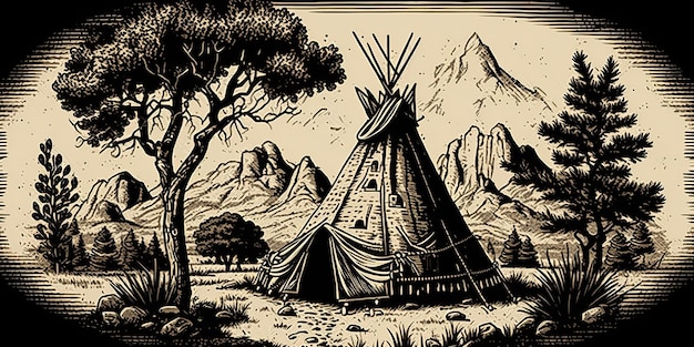 AI Generated AI Generative Native american western scene background with cowboy wigwam desrt and roc