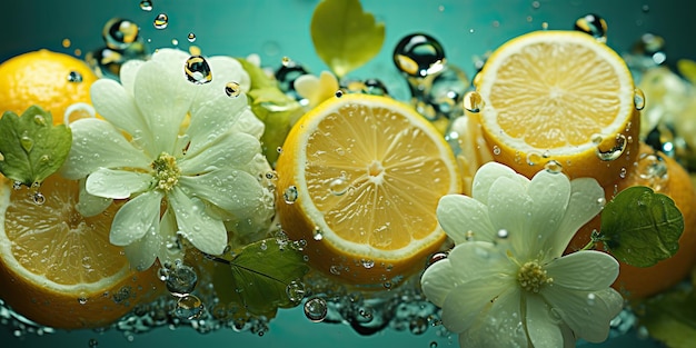 AI Generated AI Generative Nature outdoor flowers with lemon citrus and water Healthy decoration background Graphic Art