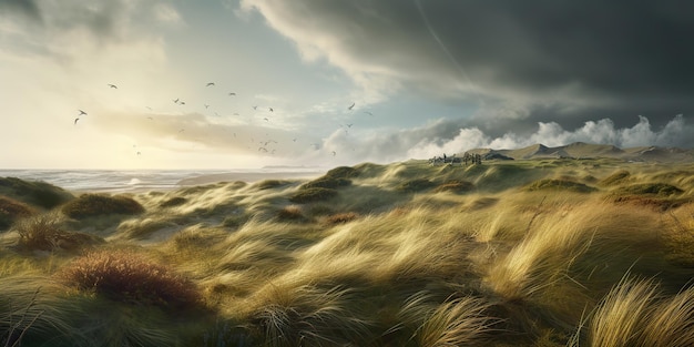 Photo ai generated ai generative nature outdoor wild norway dramatic landscape with grass and ocean