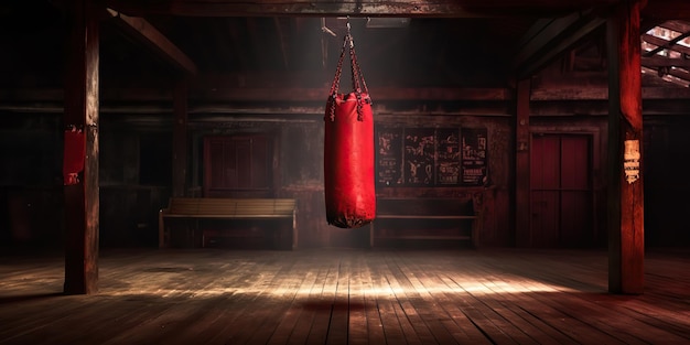 AI Generated AI Generative Old vintage gym room with old vintage boxing leather bag Mexican American athlete vibe Graphic Art