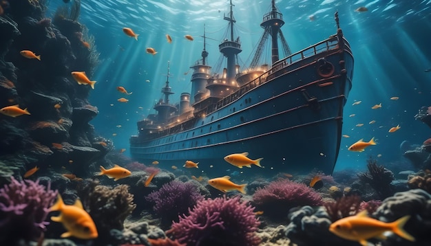 AI Generated AI Generative a photo of a ship under the water and fishes