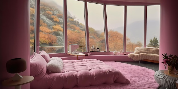 AI Generated AI Generative Pink luxury bedroom with window view on nature outdoor forest