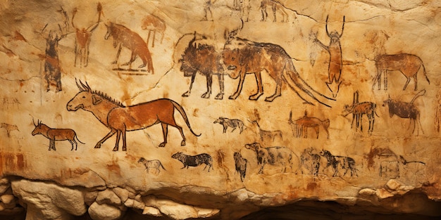 AI Generated AI Generative Primitive historical stone cave wall drawing art of animals hunting