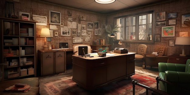 AI Generated AI Generative Retro vintage style office powerful big boss with massive table Graphic Art