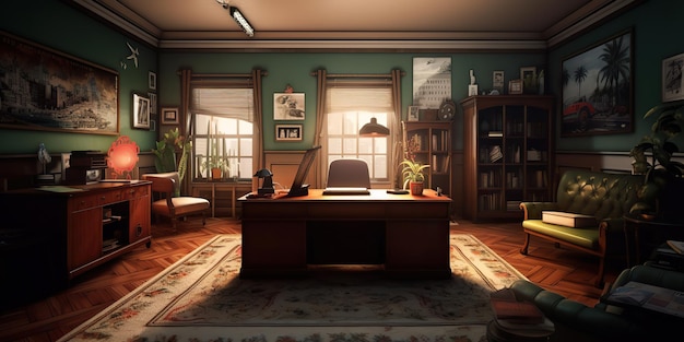 AI Generated AI Generative Retro vintage style office powerful big boss with massive table