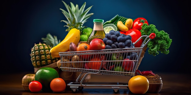 AI Generated AI Generative Shopping cart with a lot of fruits and vegetables