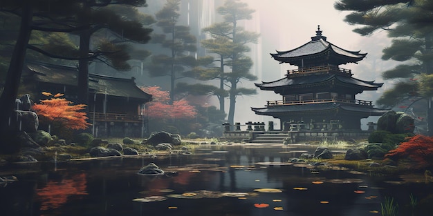 AI Generated AI Generative Traditional history asian Japanese Chinese temple building tower