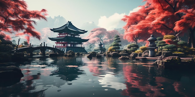 AI Generated AI Generative Traditional history asian Japanese Chinese temple building tower