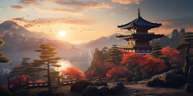 AI Generated AI Generative Traditional history asian Japanese Chinese temple building tower