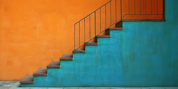 AI Generated AI Generative Vintage Mexican wall with stairs Orange and blue collor Graphic Art