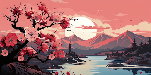 AI Generated AI Generative Vintage retro traditional Japanese Asian landscape background