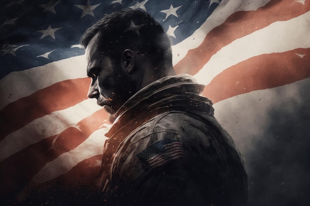 AI generated american hero patriot man at dark USA flag background blowing wind